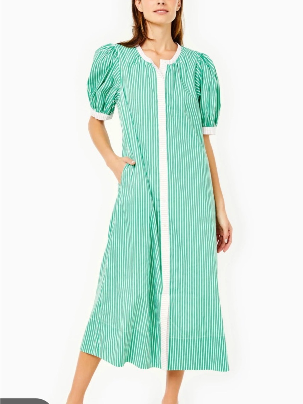 Addison Bay Green Striped Cotton Poplin Cabana Dress Puff Sleeve Midi XS